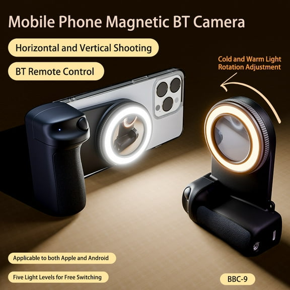 Magnetic Selfie Ring Light, Snap Grip with Detachable Bluetooth Remote Control for iPhone, Rechargeable LED Fill Light, Smartphone Camera Handle, Photo Shooting Acccessories Compatible with Magsafe