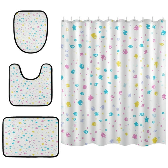 Pastel Sea Life Dots Bathroom Accessory Curtain Sets Bath Curtain Anti-Slip Mats and Toilet Pad 66x72in