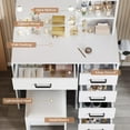 thumbnail image 6 of Vanity Set with Mirror and Light, PAPROOS Makeup Vanity with Hair Dryer Rack, Makeup Desk with Anti-tipping Function, Upholstered Stool, 5 Drawers, Open Shelves, White, 6 of 10