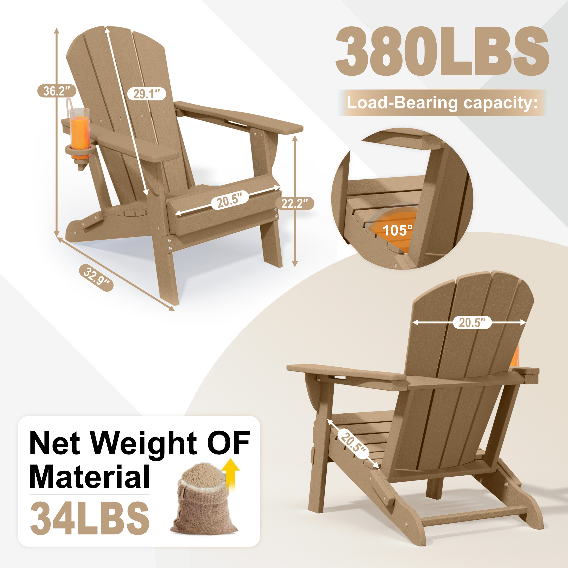 Adirondack Chair,HDPE All-Weather Patio Chairs Outdoor with Cup Holder, Lawn Chair with Weather Resistant for Outside Deck Lawn Garden, Weight Capacity Up to 380 Lbs –Brown
