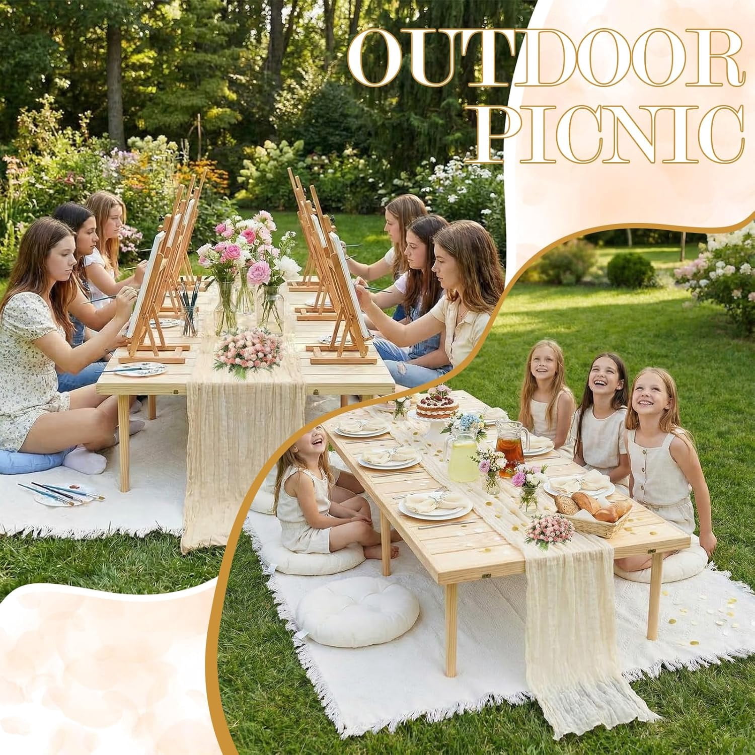 91 x 71'' Extra Large Outdoor Picnic Blanket with Beige Table Runner 6 Napkins and 6 Beige Floor Pillows Cushions for Picnic Party Camping Wedding Bachelorette Birthday Baby Shower Decor