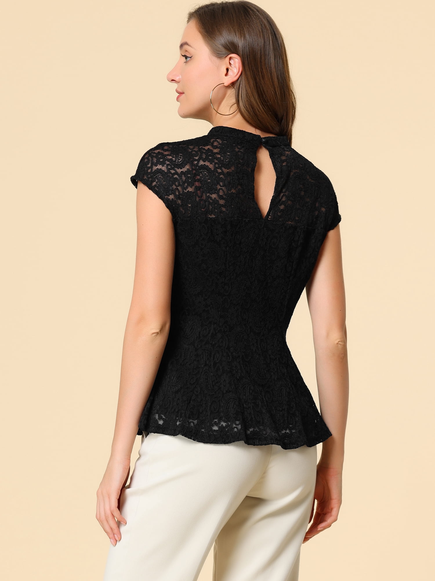 DARING DIVA Lace Floral Crochet Sleeveless Peplum Blouse L Black