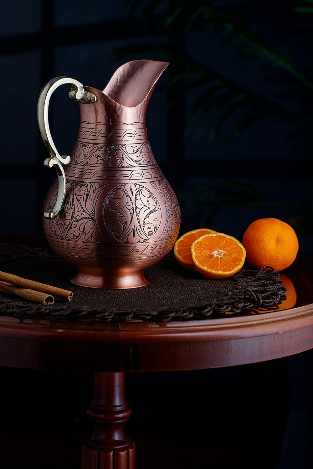 DEMMEX Handmade Engraved Copper Pitcher – 1mm Solid Turkish Copper Water Jug for Ayurvedic Drinking, Moscow Mule & Cocktails (Matte-Engraved)