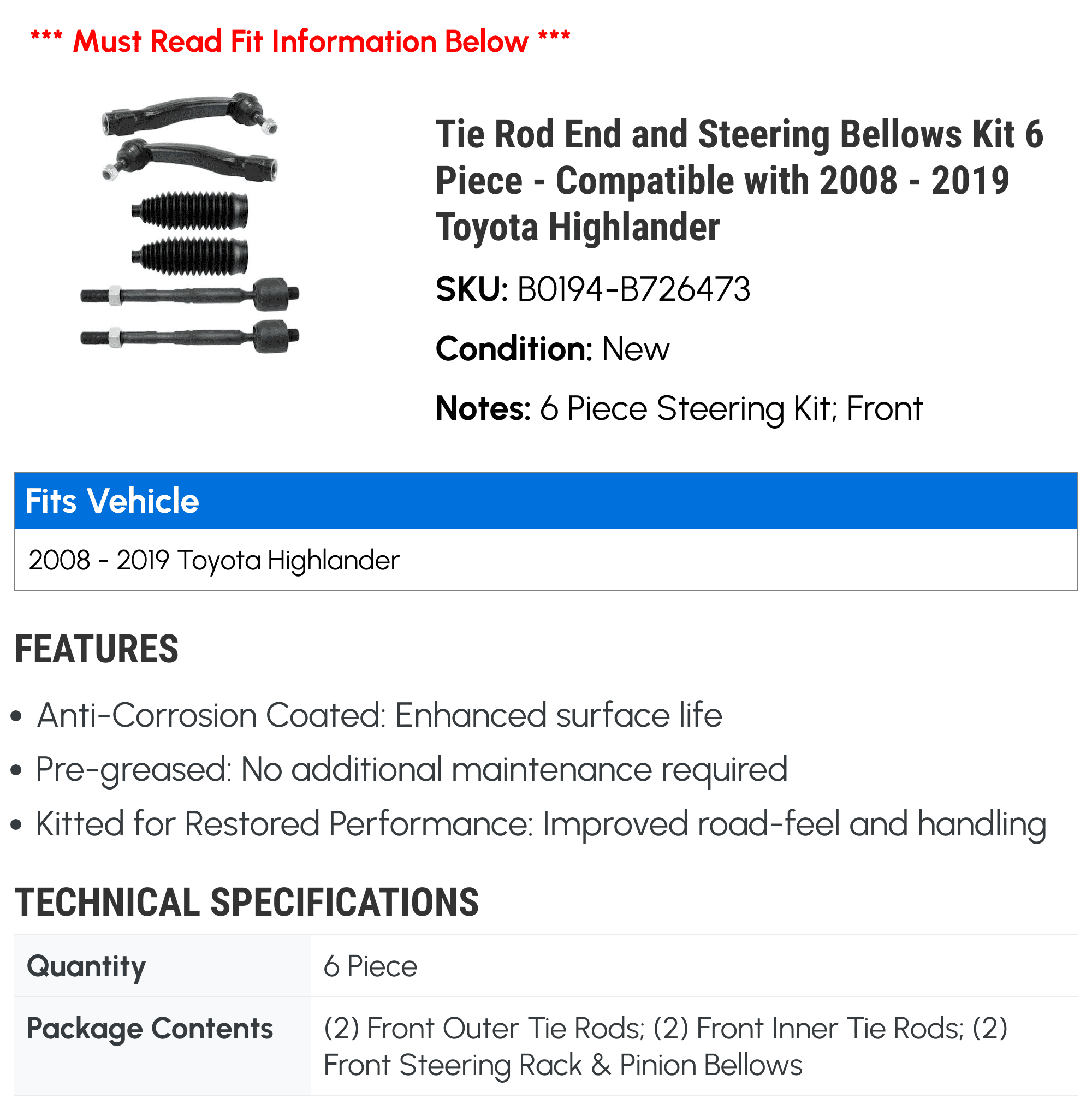 Tie Rod End and Steering Bellows Kit 6 Piece - Compatible with 2008 - 2019 Toyota Highlander 2009 2010 2011 2012 2013 2014 2015 2016 2017 2018