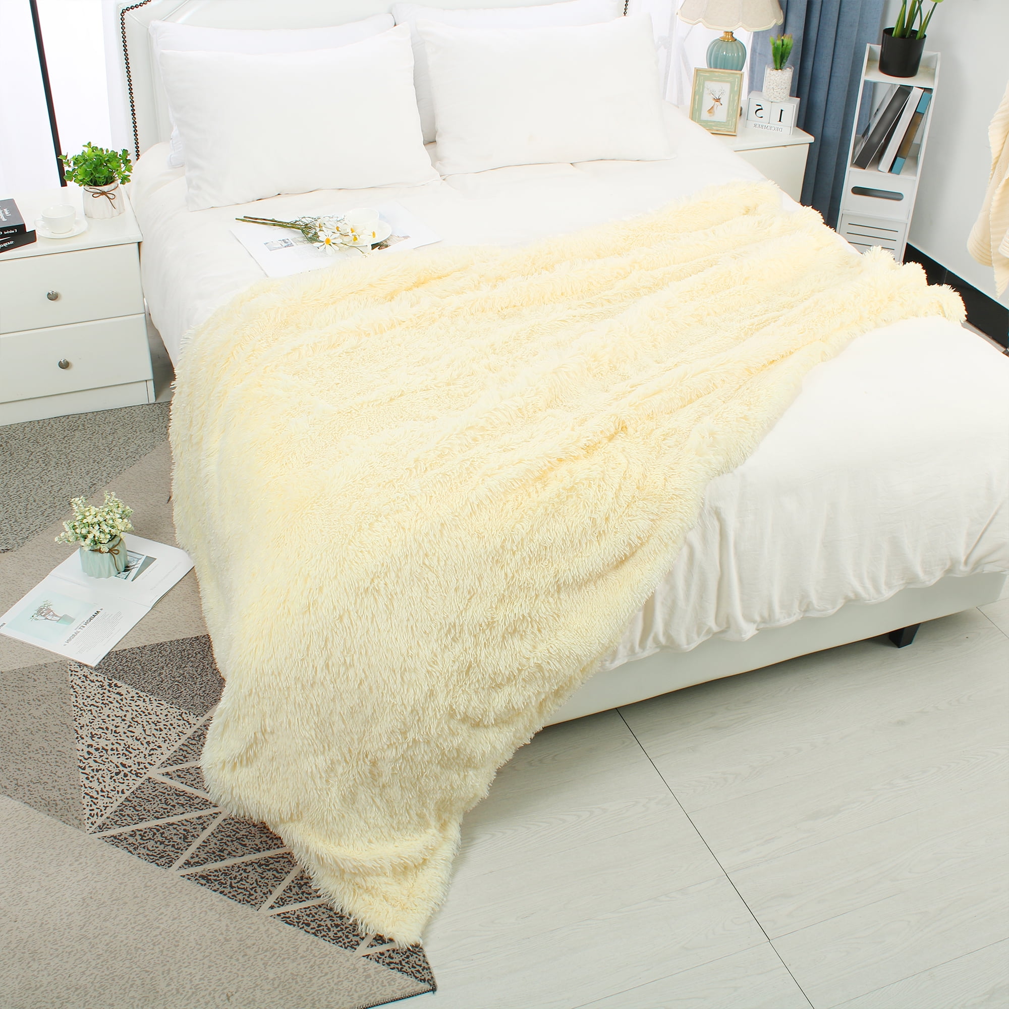 Soft Decorative Shaggy Faux Fur Twin Size Blanket,59" x 78",Pale Yellow