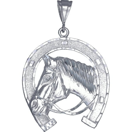 - Large Heavy Sterling Silver Horseshoe with Horse Pendant Necklace 16 Grams 2.75 Inches with Diamond Cut Finish and 24 Inch Figaro Chain