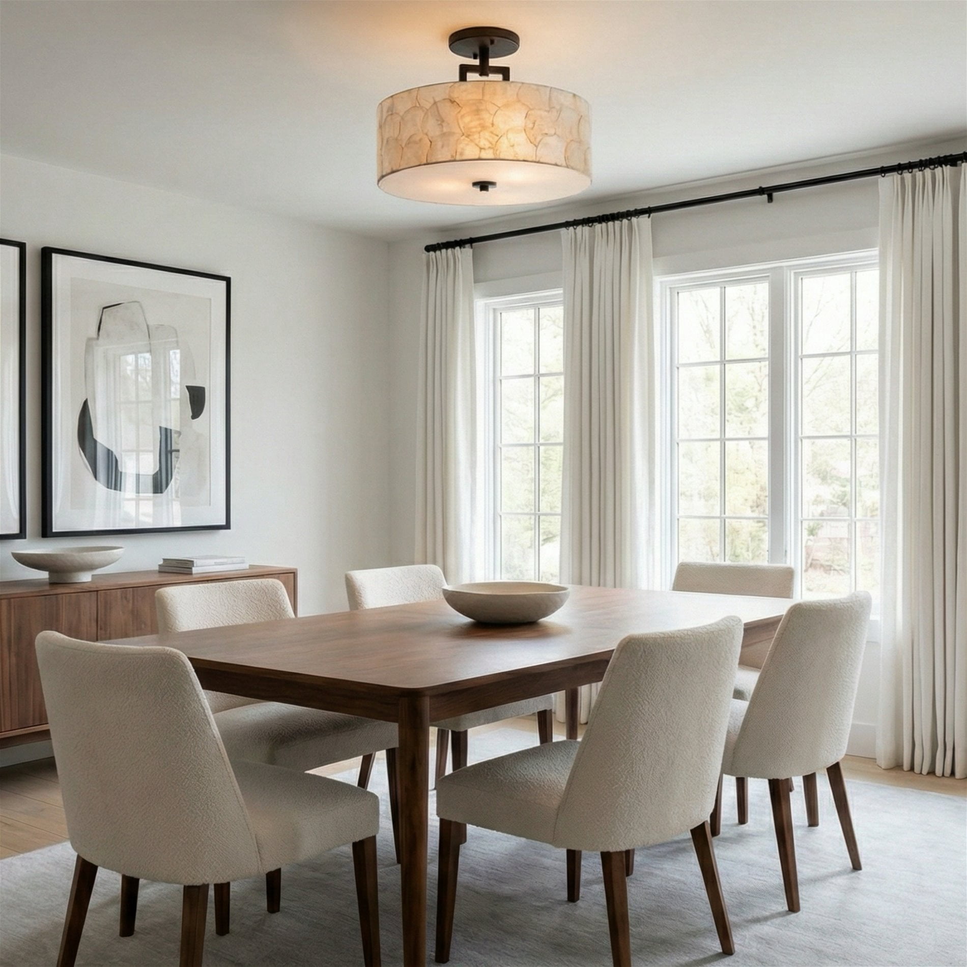 Kira Home Cove 15" Natural Capiz Shell Semi-Flush Mount Ceiling Light, Coastal 3-Light Drum, Oil Rubbed Bronze