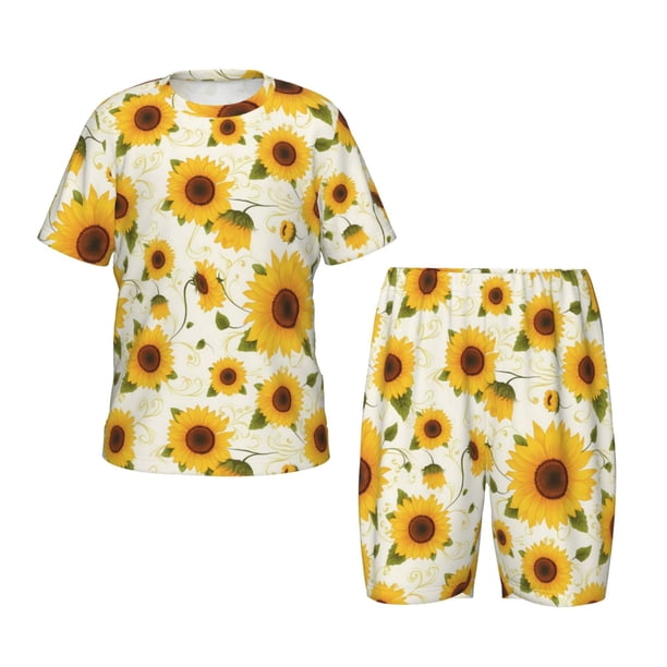 Fotbe European-style Pattern Sunflower A Pijama Estampada de 2 Piezas para Niños – Ropa de Dormir de Manga Corta Cómoda para Niños y Niñas, Camiseta y Shorts de Algodón-Large