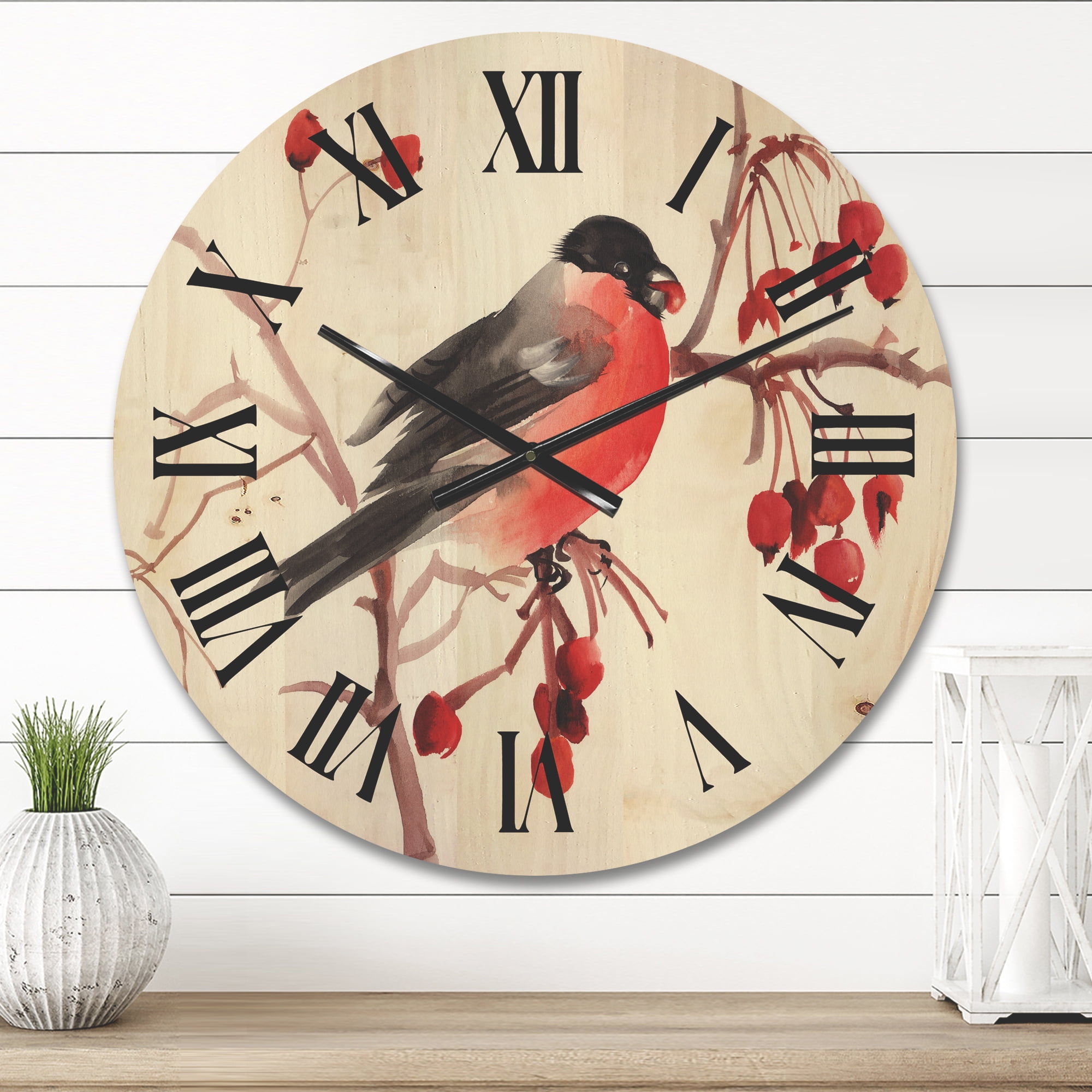Designart 'Bullfinch Bird Sitting On A Branch' Traditional Wood Wall Clock