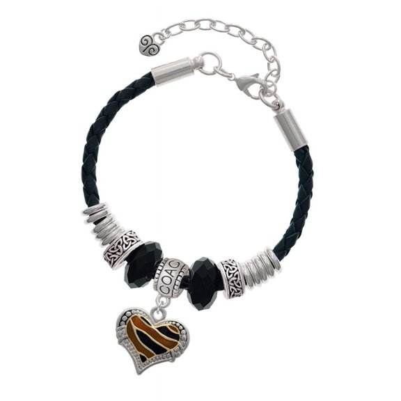 Delight Jewelry Two-tone Enamel Tiger Print Heart Coach Celtic Knot Leather Bead Bracelet, 7" 2" Extender