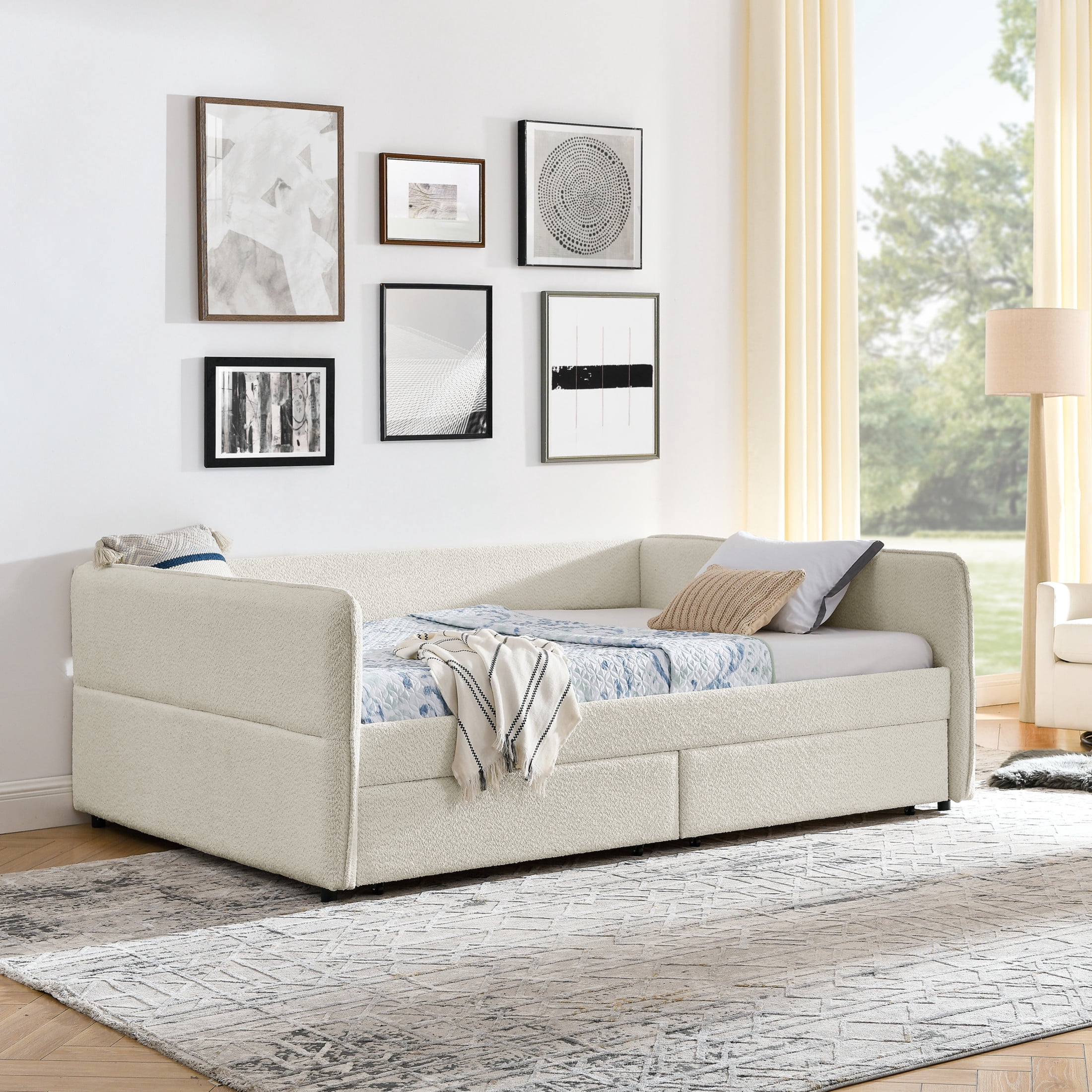 Noble House Kael Queen-Size Daybed with Storage Drawers, Tufted Boucle Sofa Bed Frame and Padded Backrest, Beige
