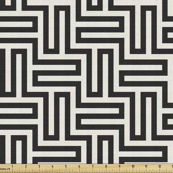 Abstract Fabric by the Yard Upholstery, Modern Geometrical Symmetric Pattern with Monochrome Lines Graphic, Decorative Fabric for DIY and Home Accents, Eggshell Charcoal Grey by Ambesonne