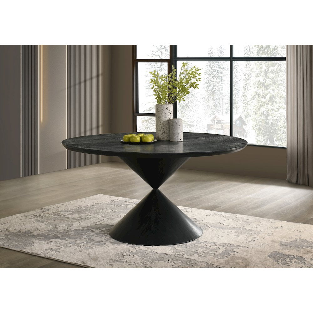 Haven 59" Round Ebony Black Pedestal Wooden Dining Table with Hourglass Base