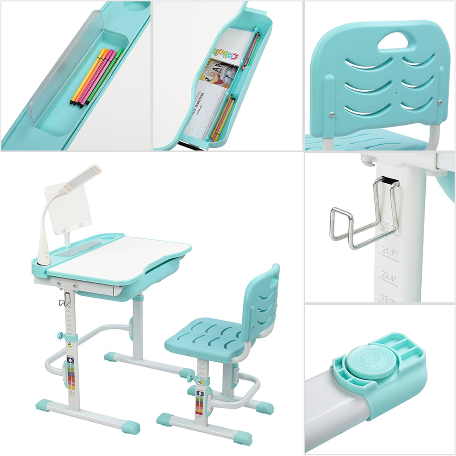 Kids Functional Desk and Chair Set, Children School Study Desk with Tilt Desktop, Bookstand, LED Light, Metal Hook and Drawer for Boys Girls (Blue) Kids Functional Desk and Chair Set, Children School Study Desk with Tilt Desktop, Bookstand, LED Light, Metal Hook and Drawer for Boys Girls (Blue)