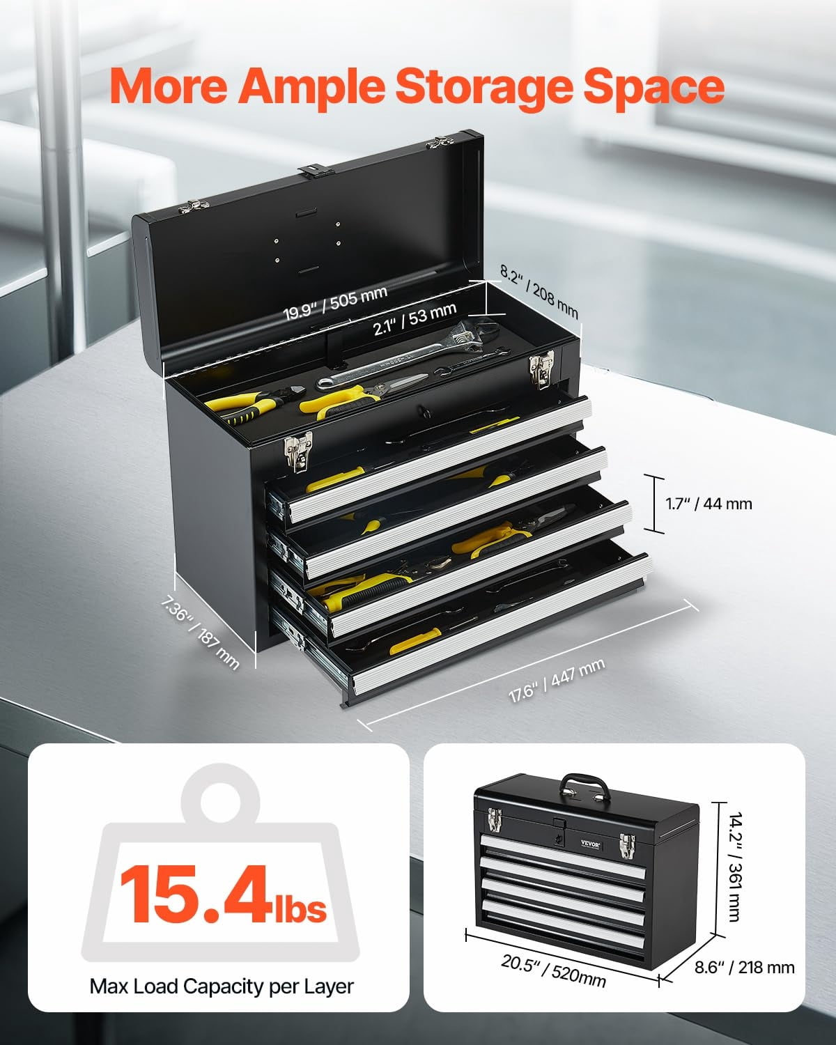Metal Tool Box, 20.5-inch, Portable Metal Tool Box with 4 Drawers, Small Tool Chest with EVA Liners, Ball Bearing Slide Drawers Locking & Powder Coated Finish, Multi-Function Tool Organizer
