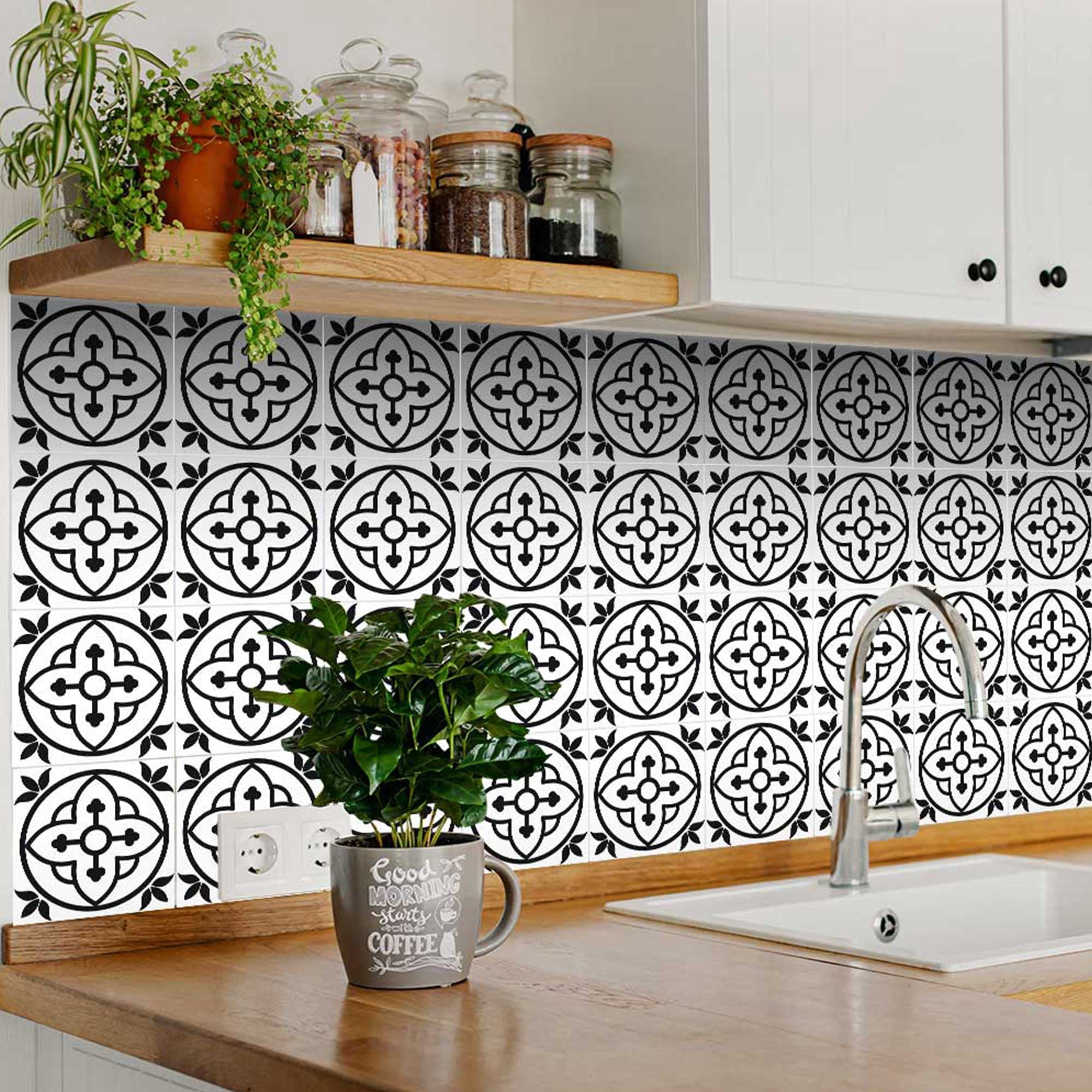 Mi Alma Black White Floral Peel & Stick Vinyl Backsplash Tiles 5x5, 24 pcs
