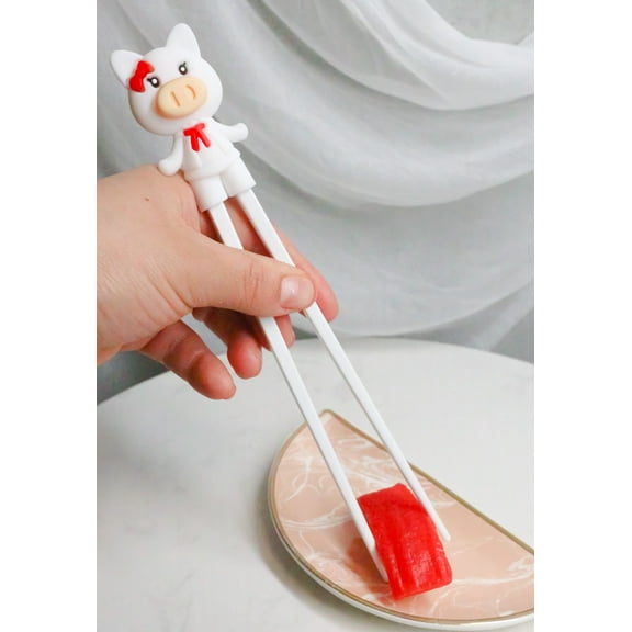 White Miss Piggy Pig Reusable Training Chopsticks Set With Silicone Helper
