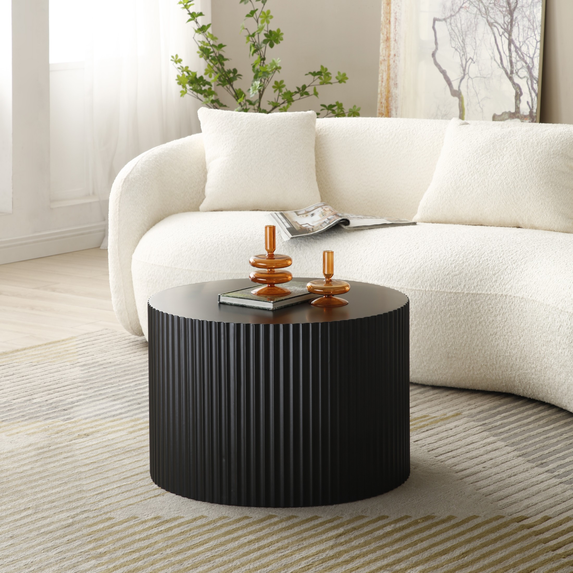 Noble House Nesting Round Coffee Tables, Modern MDF Handcrafted Relief for Living Room, Matte Black, Set of 2