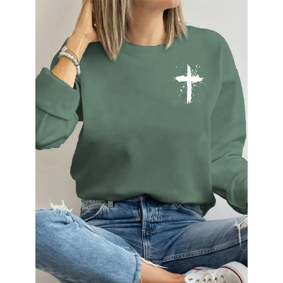 Christian Sweatshirt Women Jesus Cross Graphic Crew Neck Pullover Green Top