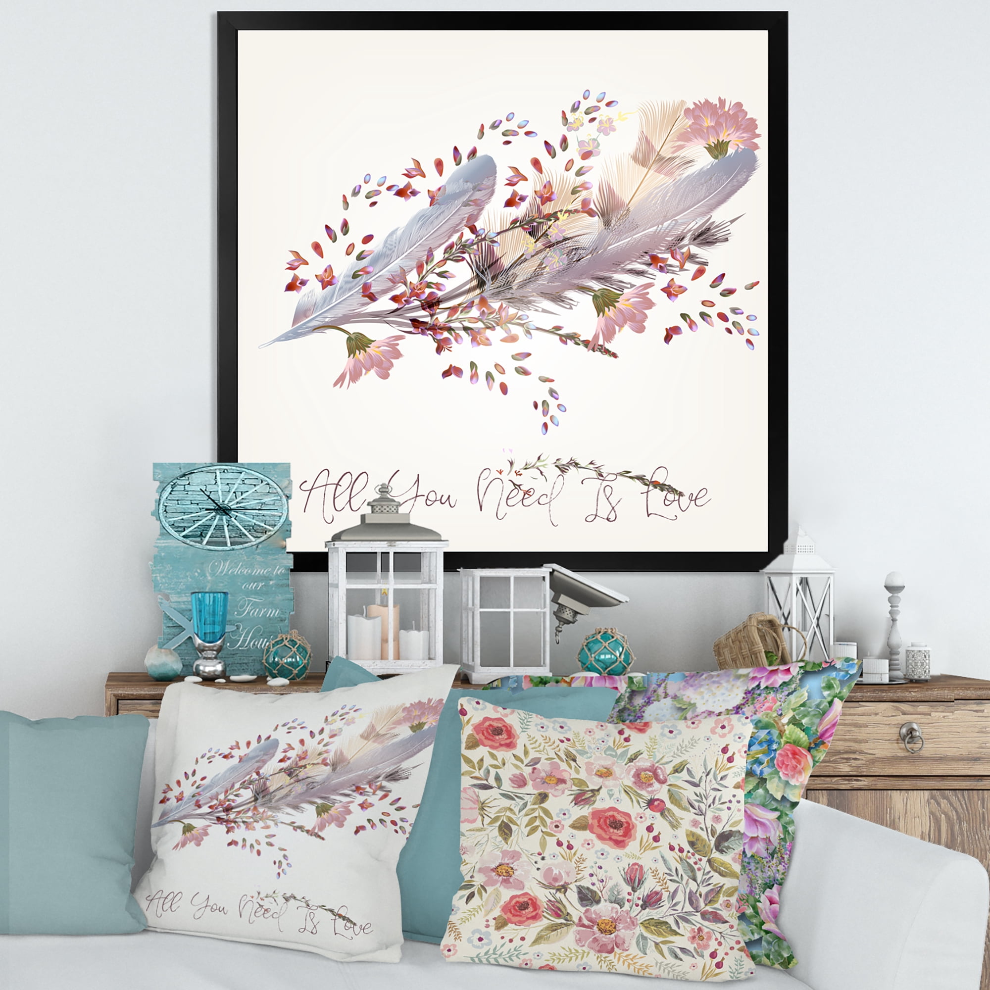 Designart 'Pink Feathers and Flowers All You Need Is Love' Bohemian & Eclectic Framed Art Print