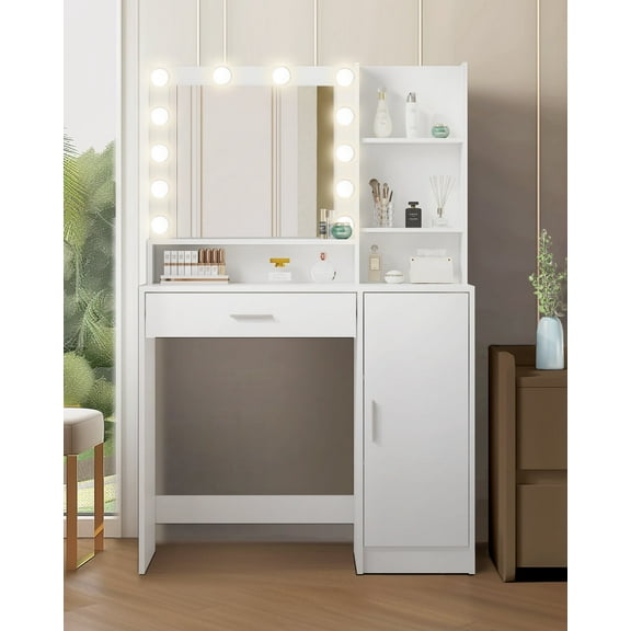 MXKF Vanity Desk with Mirror & Light,Bedroom Makeup Table,Large Drawer & Three Level Storage Dresser,3 Lighting Modes Adjustable Brightness,White