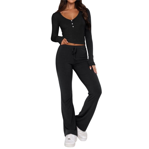 Conjunto Deportivo de Otoño de 2 Piezas A Juego para Estar en Casa: Pantalón de Pierna y Top Corto con Cuello Henley. Negro S
