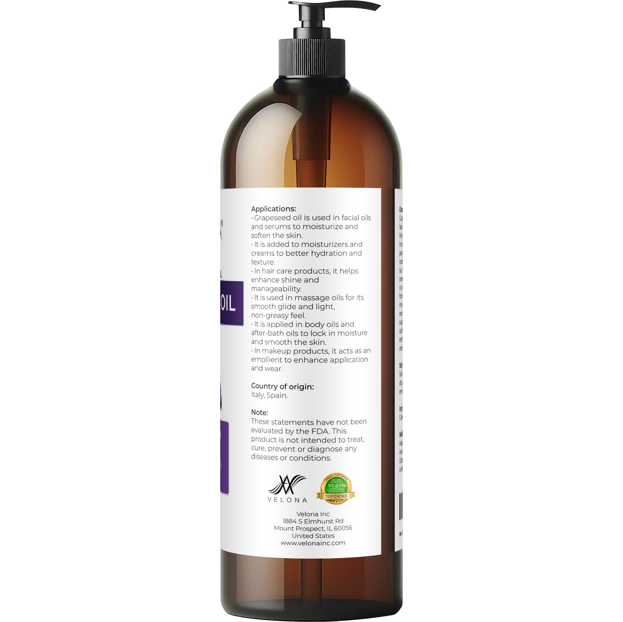 Grapeseed Oil by Velona - 32 fl oz | 100% Pure and Natural Carrier Oil | Refined | Skin, Face, Body, Hair Care | Use Today - Enjoy Results