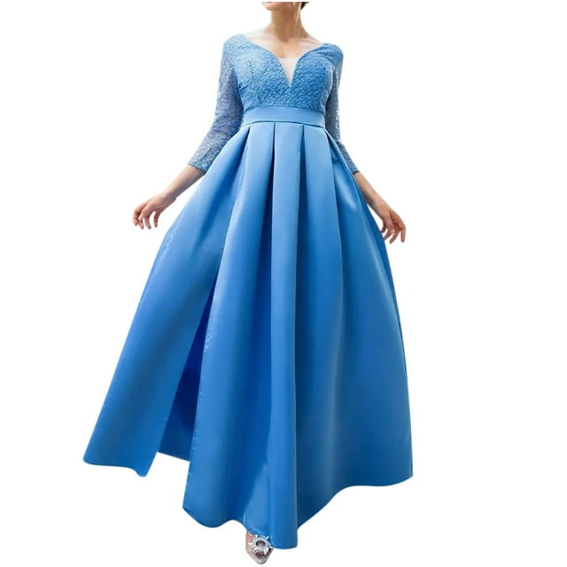 Pompotops Mode Femme Aguichant Col en V Manches Mi-Longues Paillettes Solides Fente Haute Robe de Cocktail Longue