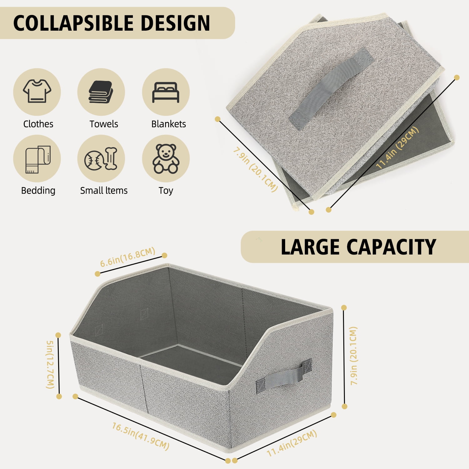 TAIMASI 6 Pack Closet Organizers Bins, Large Trapezoid Closet Shelf Organizer with Handles, Fabric Storage Bins, Collapsible Storage Cubes for Clothes, Towels - Light Gray