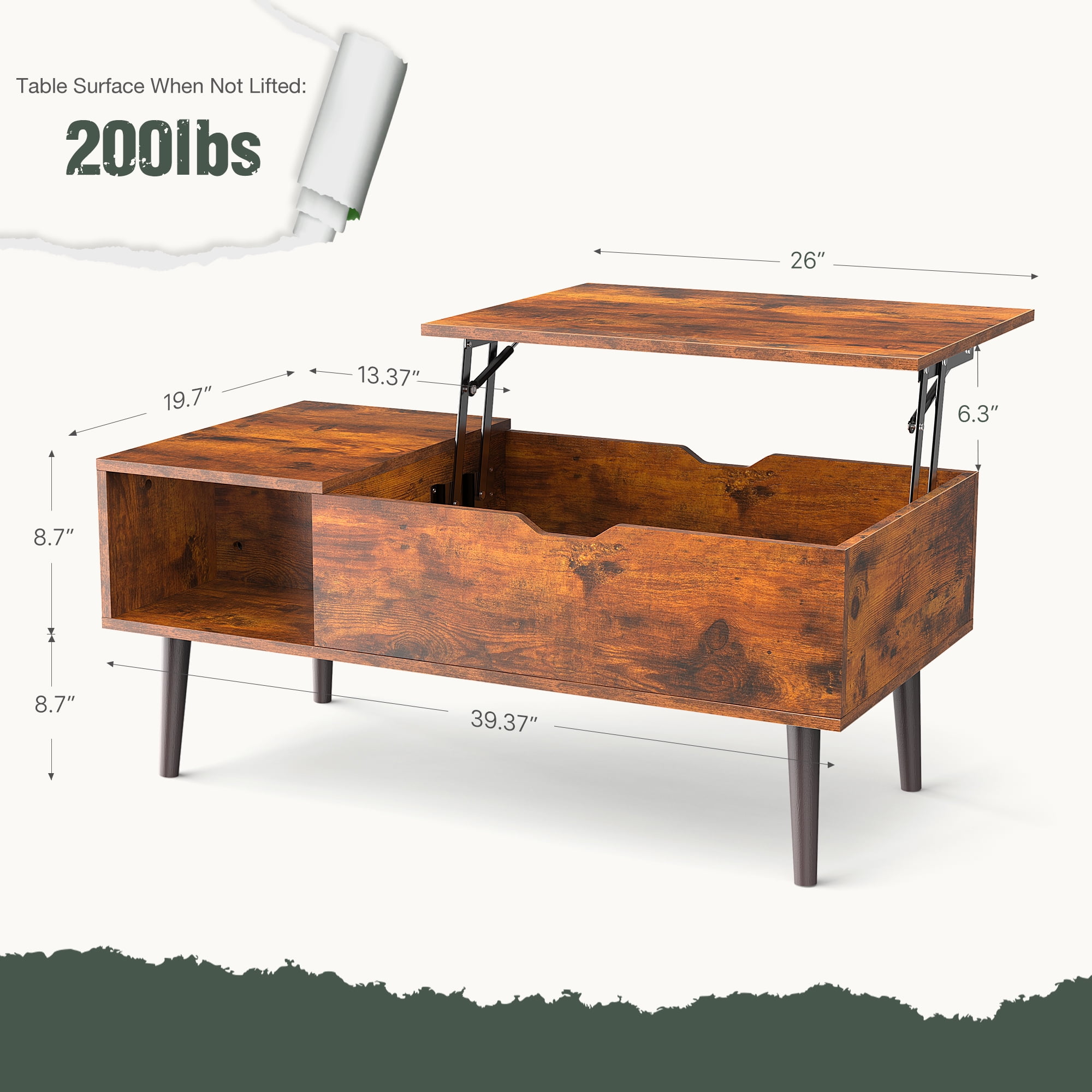 Gianna 39.4"Lx19.6"Wx17.4"H Wood Lift Top Coffee Table with Hidden Compartment and Adjustable Storage Shelf