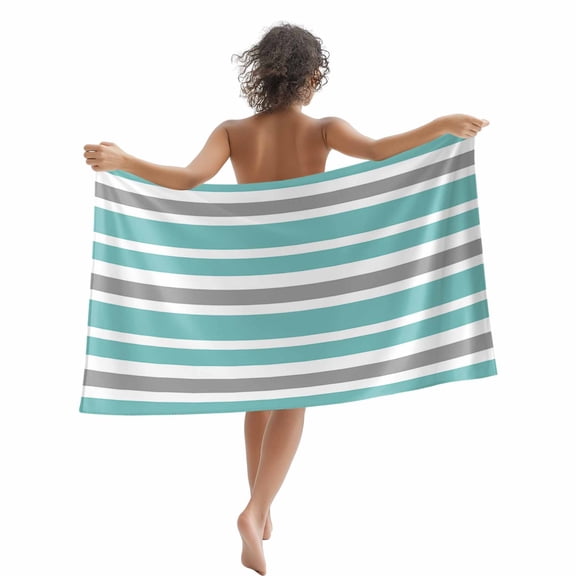 Beach Towel Teal Green, White and Grey Stripes Bath Pool Towels Striped Pattern Absorbent Beach Towel Soft Large Quick Dry Lightweight Camping Travel Sports Yoga Gym Swim Towels for Adult 35x70 Inch
