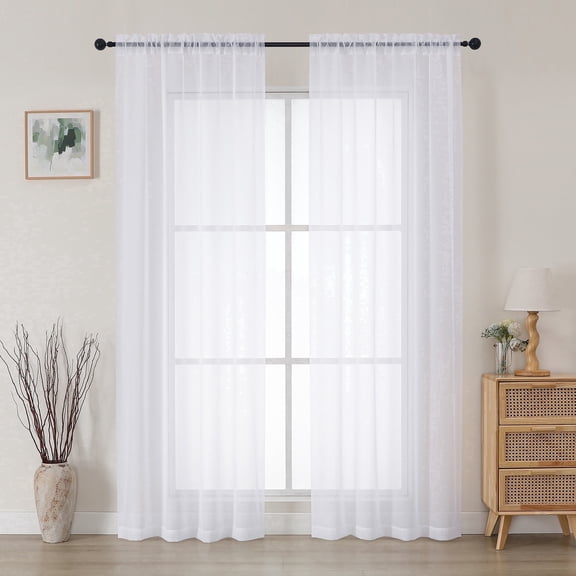 MKHILL 42x84 White Sheer Curtains 2 Panels Set, 84 Inch Long Light Filtering Voile Drapes for Living Room Bedroom, Rod Pocket Semi Sheer Window Panels, Each 42"Wx84"L
