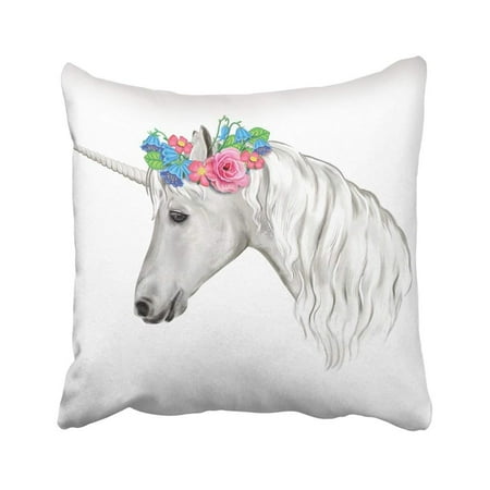 WOPOP Blue Animal Unicorn With Wreath Of Flowers White Horse Watercolor Digital Clip Colorful Pillowcase Throw Pillow Cover 20x20
