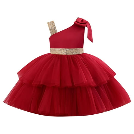 

Pageant Party Dress Long Princess Wedding Sloping Collar Sleeveless Double Mesh Skirt With Bow Shoulder A Line Dress Make up Dress up And Hair Salon for Girls Cute Outfits for Girls 9 10 Shirt Dresses