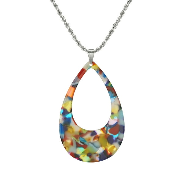 Stainless Steel Rope Chain Fun Vibrant Multi Rainbow Color Teardrop Pendant – 19 1/2 inches