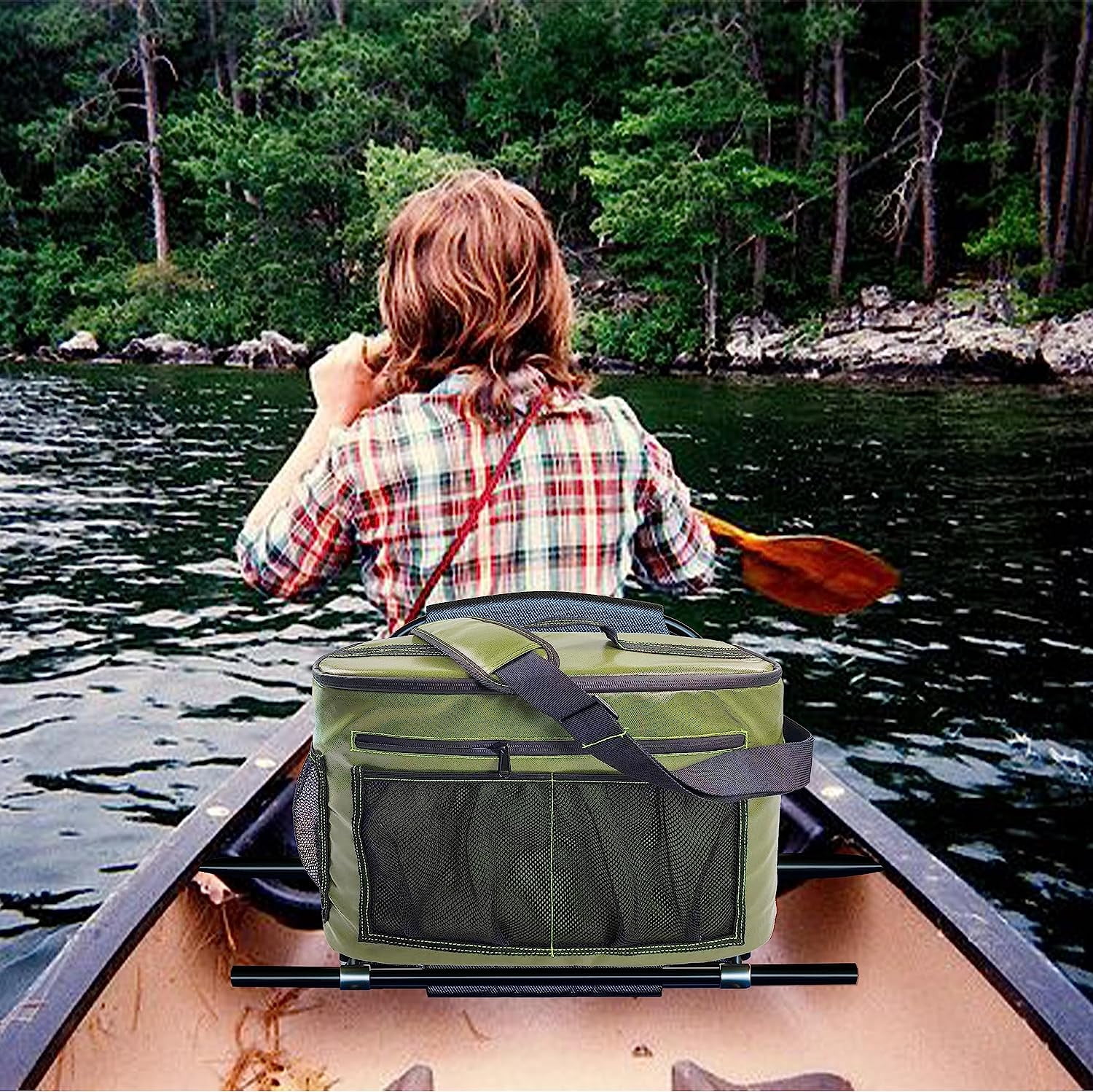 Skywin Kayak Cooler Behind Seat - Waterproof Kayak Seat Back Cooler for Kayaks - Compatible with Lawn-Chair Style Seats, Kayak Accessories Stores Drinks and Keeps Them Cool All Day Kayaking (D.Green)