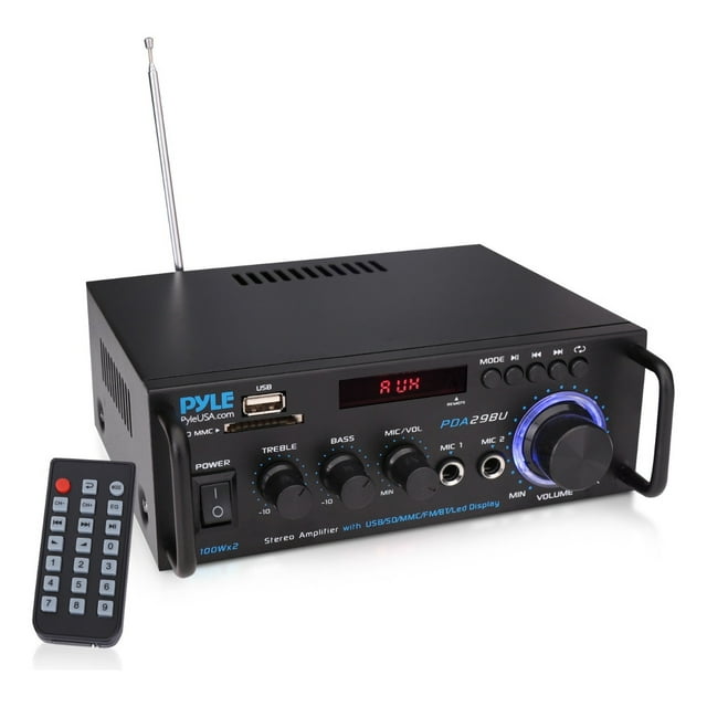 Amplificador Estéreo de 200W con Bluetooth Pyle, Receptor de Audio de Canal Doble, Pantalla LED, RCA, USB, SD, Mic, Radio FM, Entrada AUX, Perfecto para Audio en Casa y Computadora, PDA29BU.5