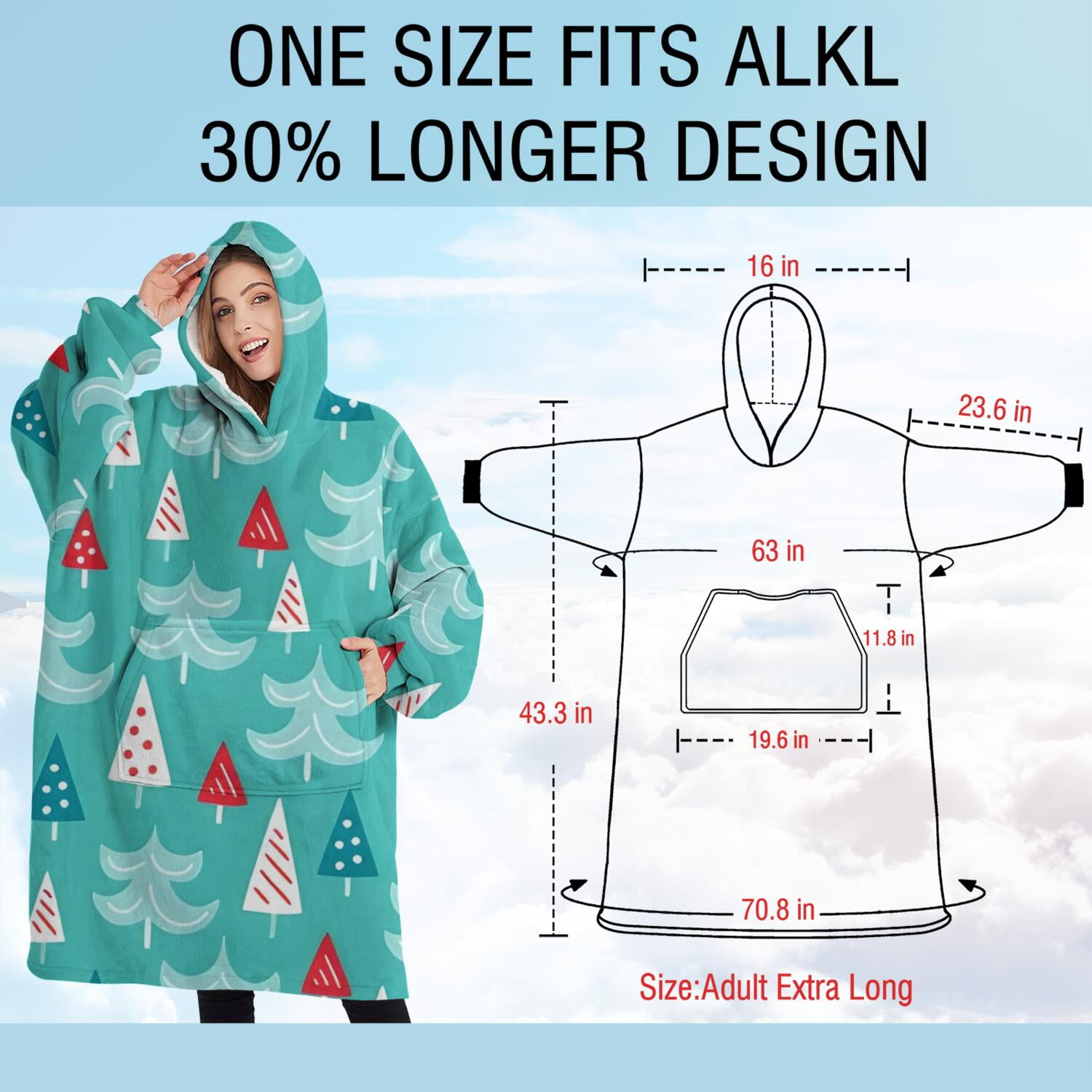 Oversized Wearable Blanket Hoodie,Turquoise Christmas Tree Pattern Sherpa Blanket Hoodie with Super Pockets,Super Warm Fuzzy Pullover for Women & Men