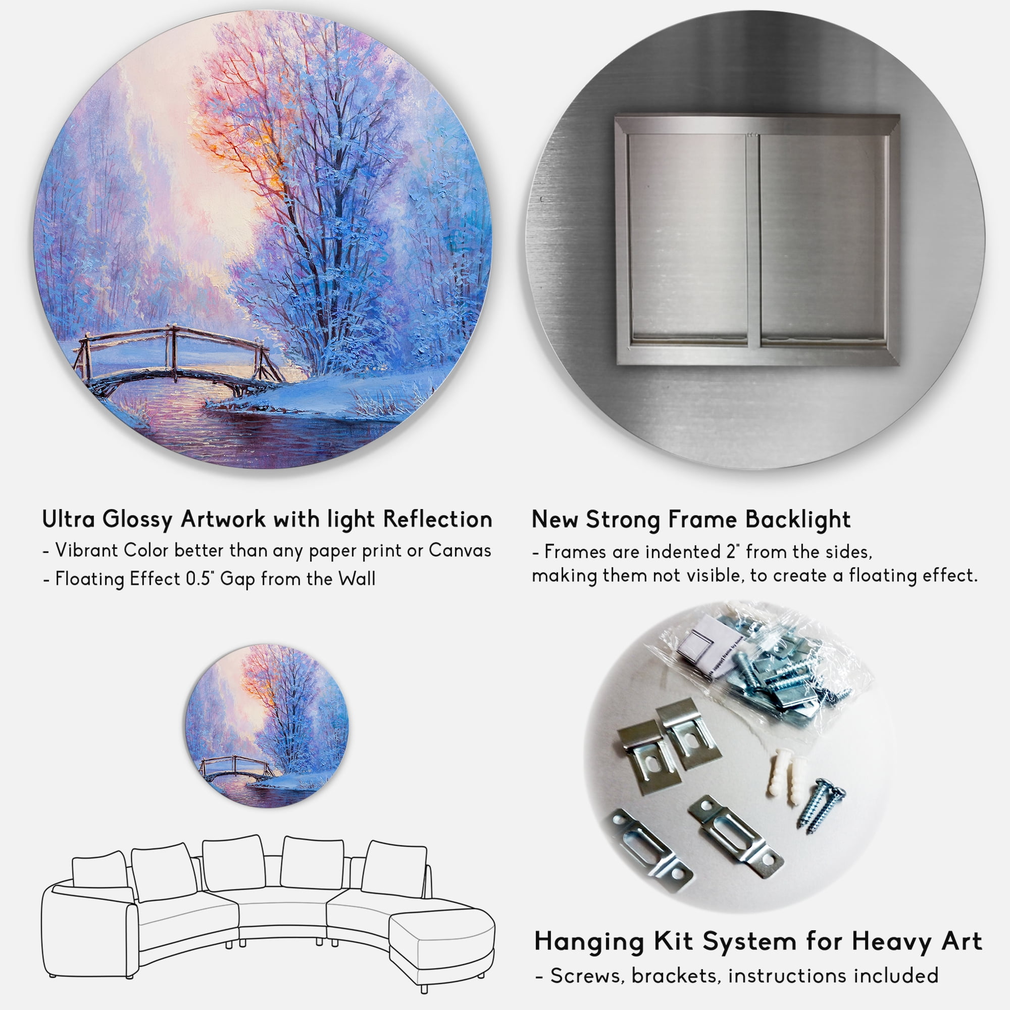Designart 'Winter Landscape With A Bridge and A River' Lake House Circle Metal Wall Art 36x36 - Disc of 36