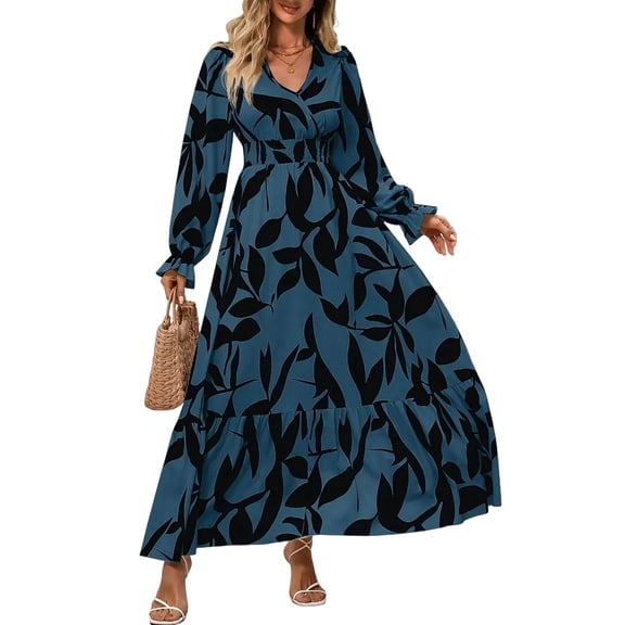 Women Casual Round Neck Puff Long Sleeve A Line Flowy Swing Long Maxi Dress Blue XL