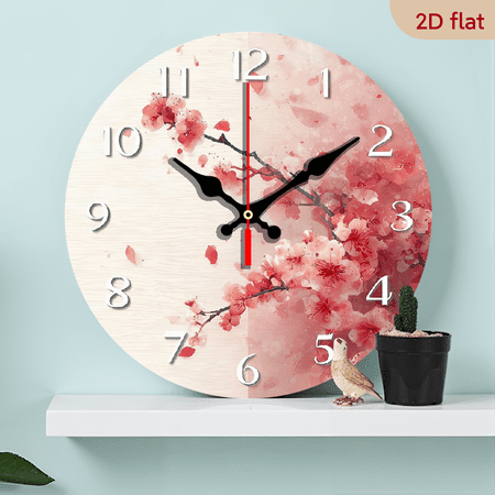 2D Flat 1pc 10Inch Wooden Japanese Cherry Blossom Wall Clock - Movement with Pink Beige, Large Analog, Auto-Retractable Hands, Artificial Wood Round Clock for, Office - Japanese-Themed Decorative