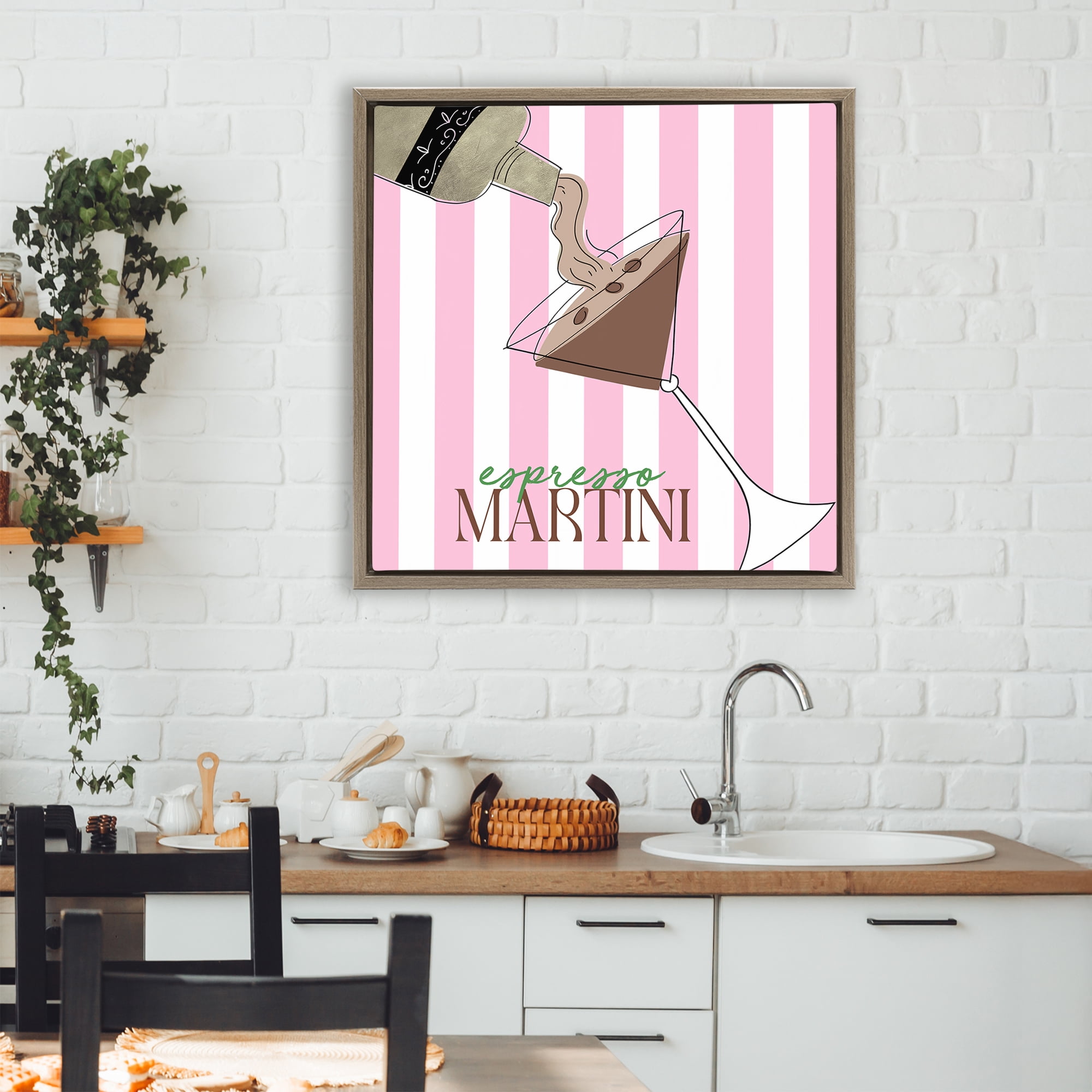 Stupell Industries Espresso Martini Pink Stripes Brown Framed Floater Canvas Wall Art, design by Deidre Mosher