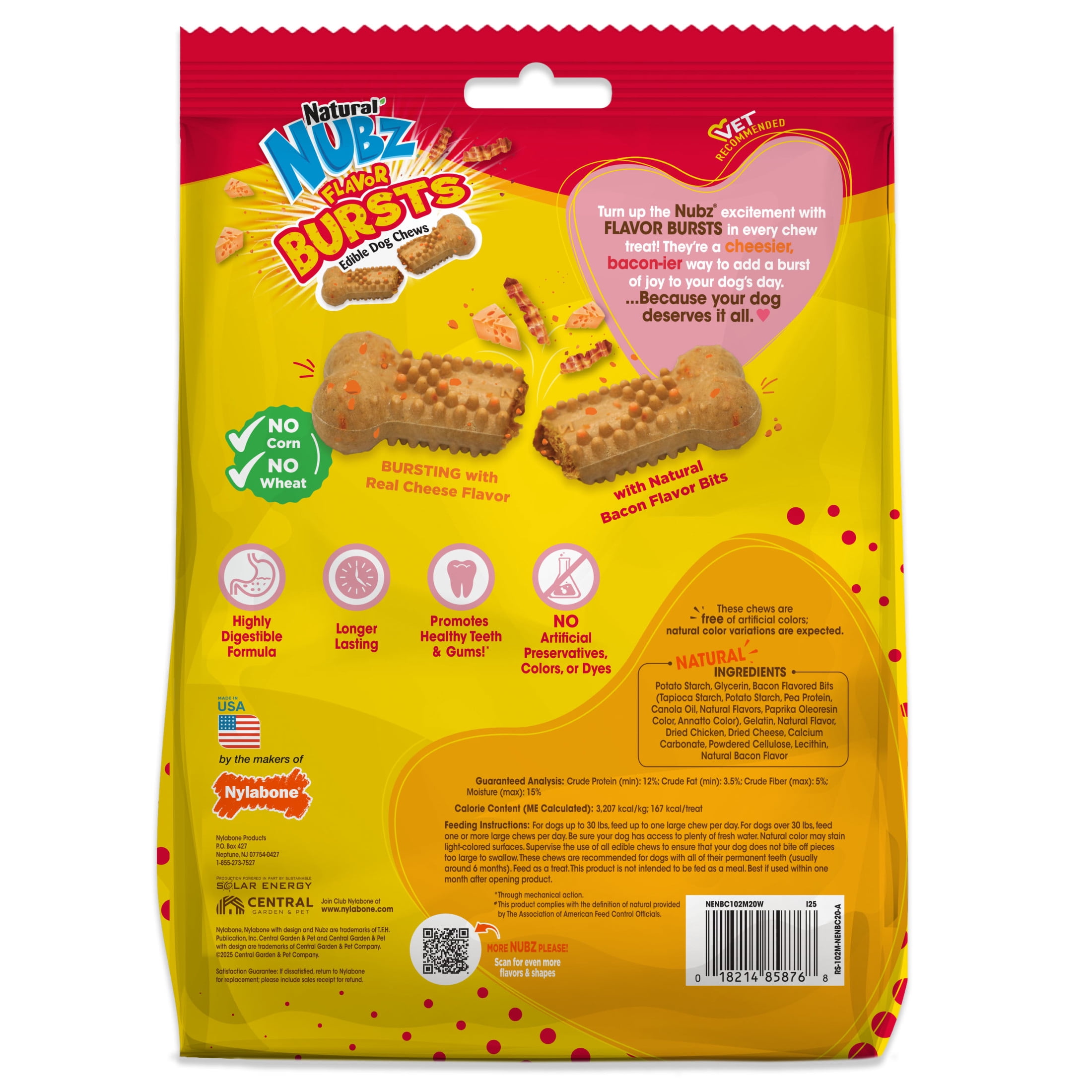 Nylabone Nubz Flavor Bursts Natural Dog Treats for Large Dogs, Bacon & Cheese Flavor Dog Bones, Large - 30+ lbs., 20 Count