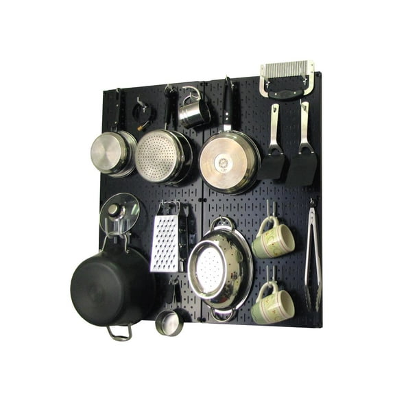 Wall Control Kitchen Pegboard Organizer Pots and Pans Pegboard Pack Storage and Organization Kit with Black Pegboard and White Accessories