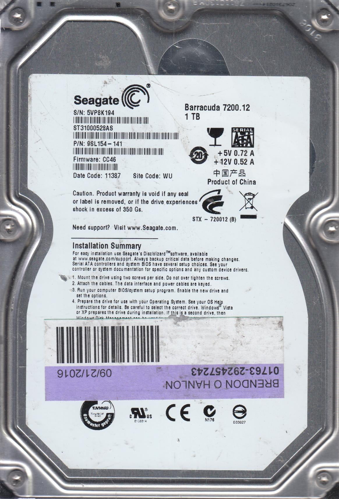 Disque Dur Interne Seagate 1 To (ST31000528AS) - SATA 3.5″ - FW AP4C, PCB 100650117 - Occasion