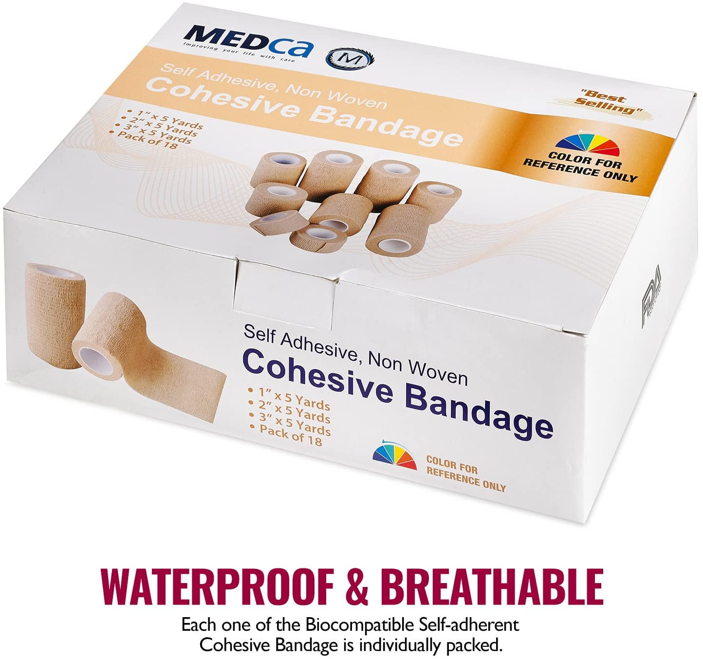 MEDca Self-Adhesive Cohesive Bandage Wrap, 1"-3" x 5 Yards, 18 Count, 3 Sizes