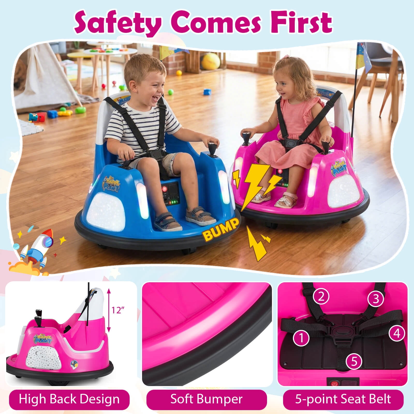 Costway 12V Kids Bumper Car,360° Spin & Remote.Battery-Powered,for 1.5-6 ages.Pink