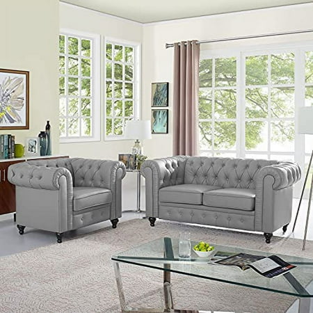 2 Piece Living Room Set, Faux Leather Chesterfield Loveseat & Chair, Deep Button Tufted with Rolled Arms, Home Furniture - Include 3-Seater Couch and Single Chair, Gray