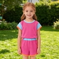 thumbnail image 2 of Little Girls Summer Outfits Color Block Short Sleeve T ShirtsAnd Shorts Casual 2 Piece Fall Outfits Size 5-6T, 2 of 8