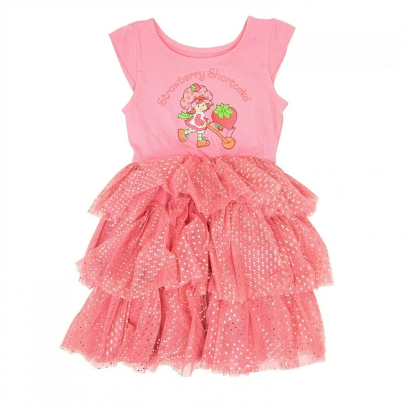 Happy Threads Strawberry Shortcake Girls Tutu Cosplay Dress Short Sleeve Costume Outfit with Sparkly Tulle Skirt Kids Party Dress-Up